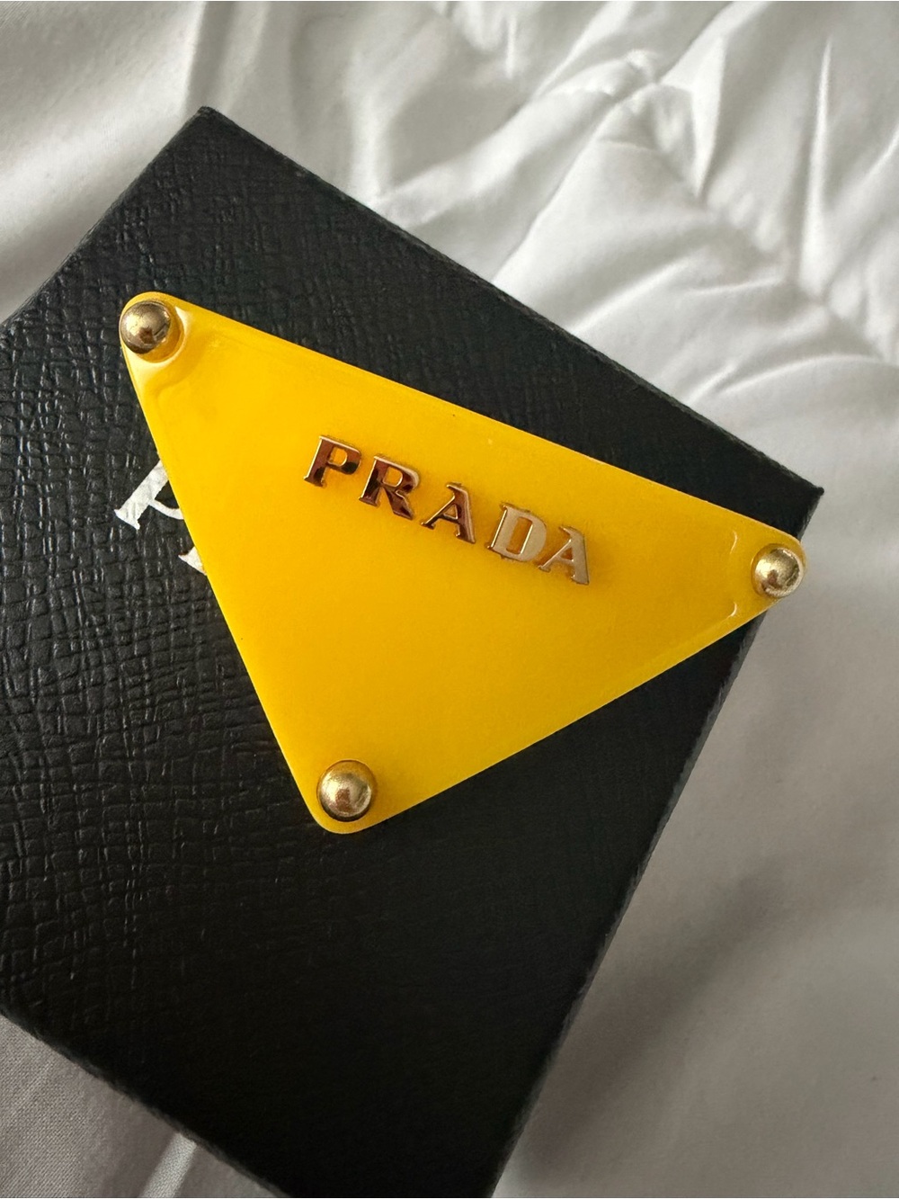 Prada Yellow Triangle Logo HairClip with Gold-Tone Hardware